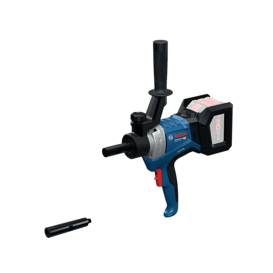 A Bosch cordless hammer drill with a blue and gray body, black handle, and a separate black bit lying on the white background.