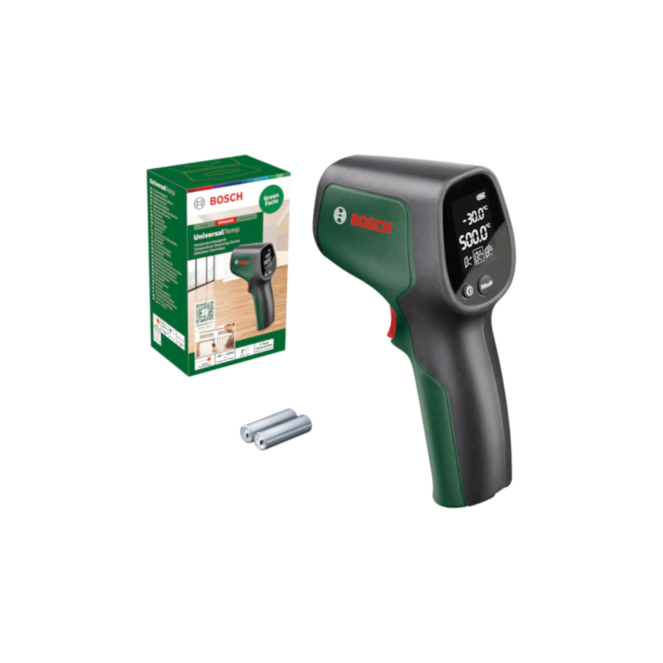 Bosch infrared thermometer with packaging and batteries on a white background
