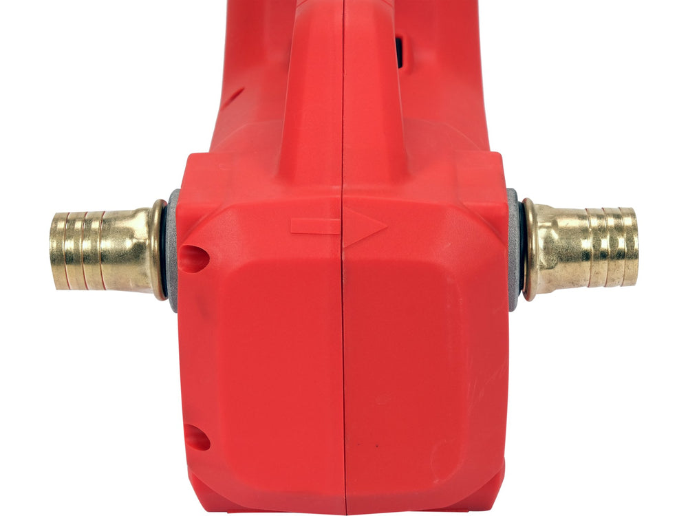 Red pump with gold-colored connectors on a white background