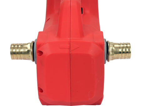 Red pump with gold-colored connectors on a white background