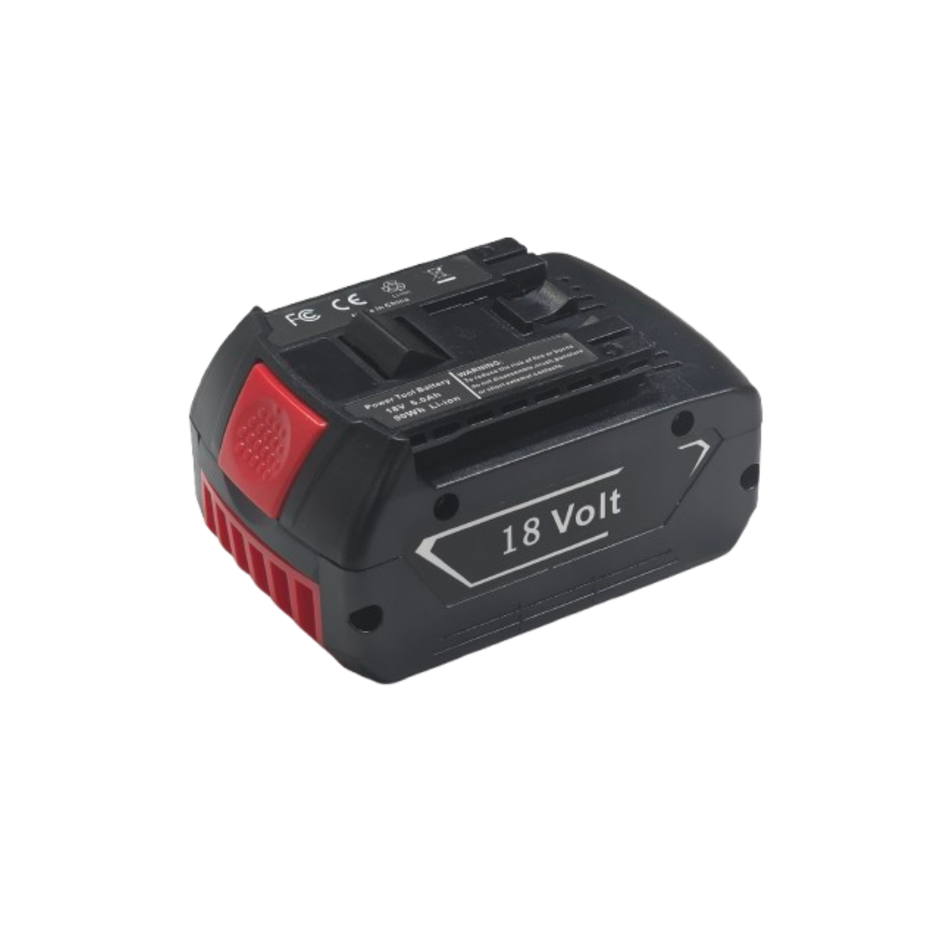 A 18 Volt cordless tool battery pack, primarily black with a red side switch and red vented accents, shown on a plain white background.