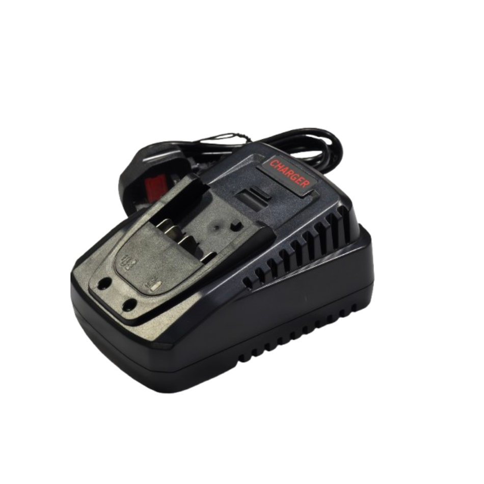 A black cordless battery charger with a red 'CHARGER' label, shown on a plain white background.