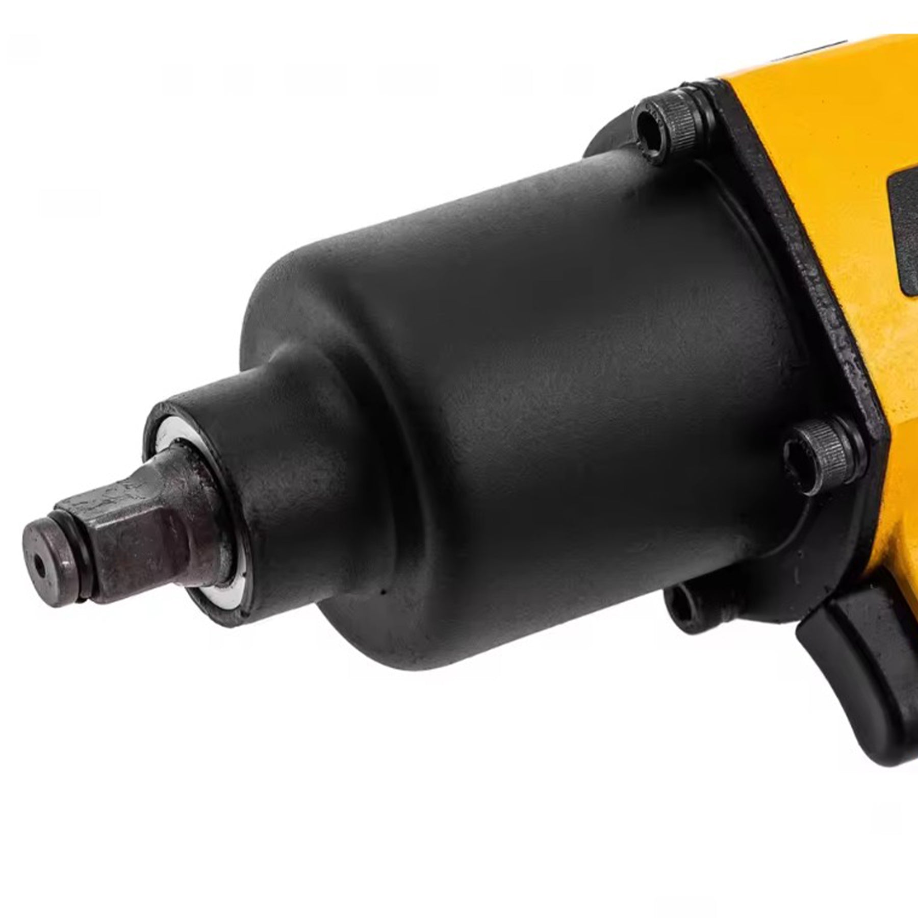 Close-up of a black and yellow impact wrench on a white background