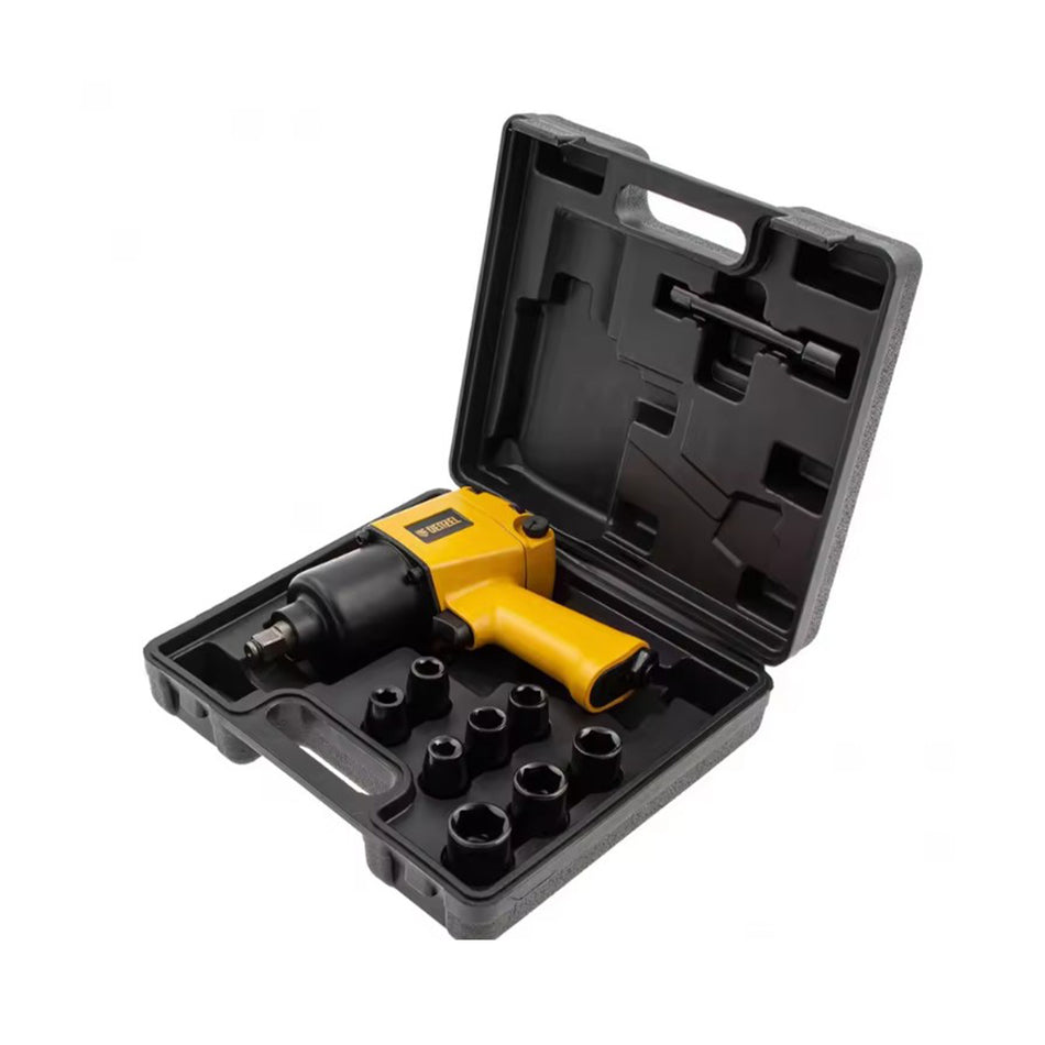 Yellow impact wrench with black attachments in a black carrying case on a white background