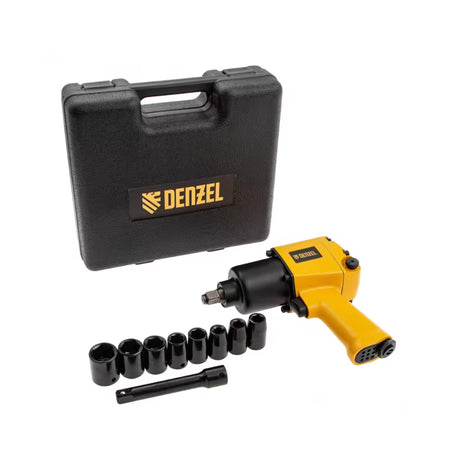 Yellow Denzel impact wrench with black case and accessories on a white background