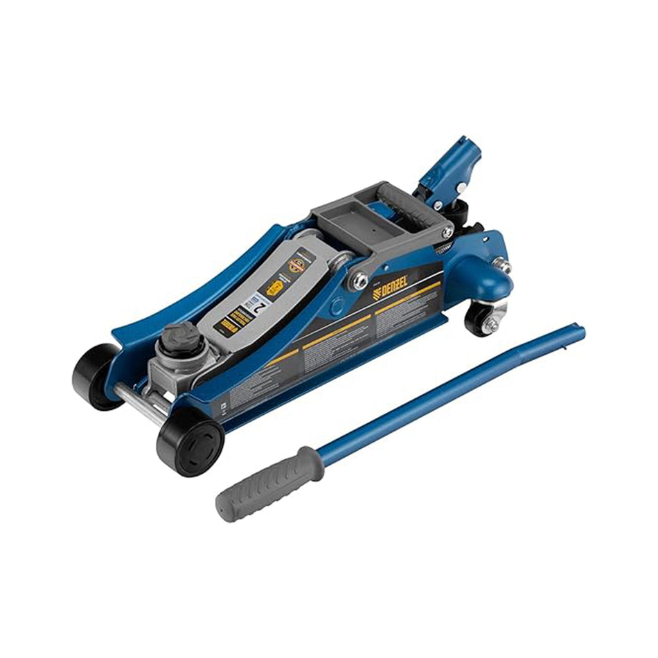 Blue and gray floor jack with a tool on a white background