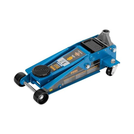 Blue hydraulic floor jack on a white background