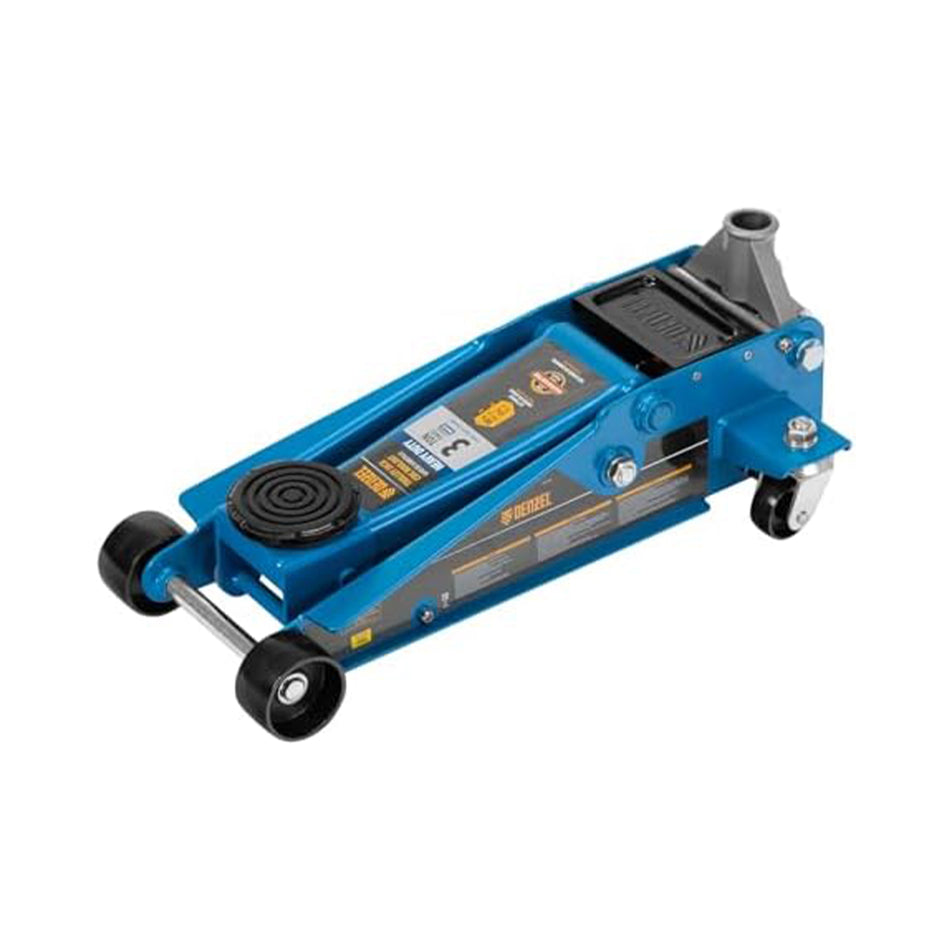 Blue hydraulic floor jack on a white background