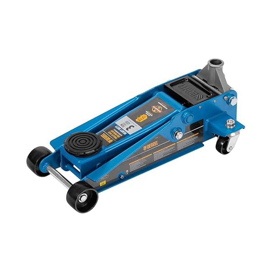 Blue hydraulic floor jack on a white background