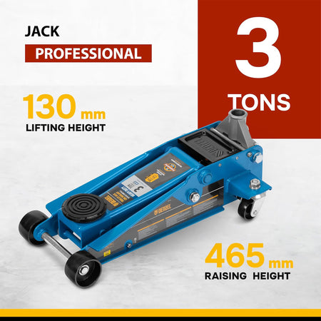 Blue professional jack with lifting and raising height specifications on a white background