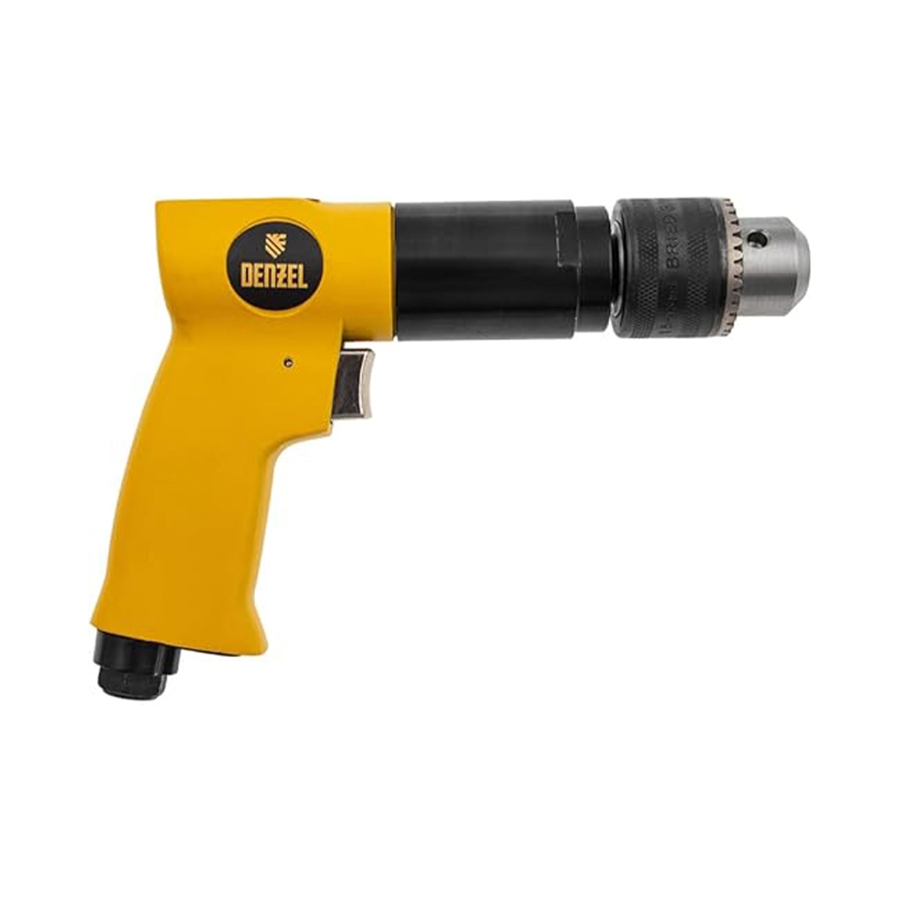 Yellow and black Denzel air drill on a white background