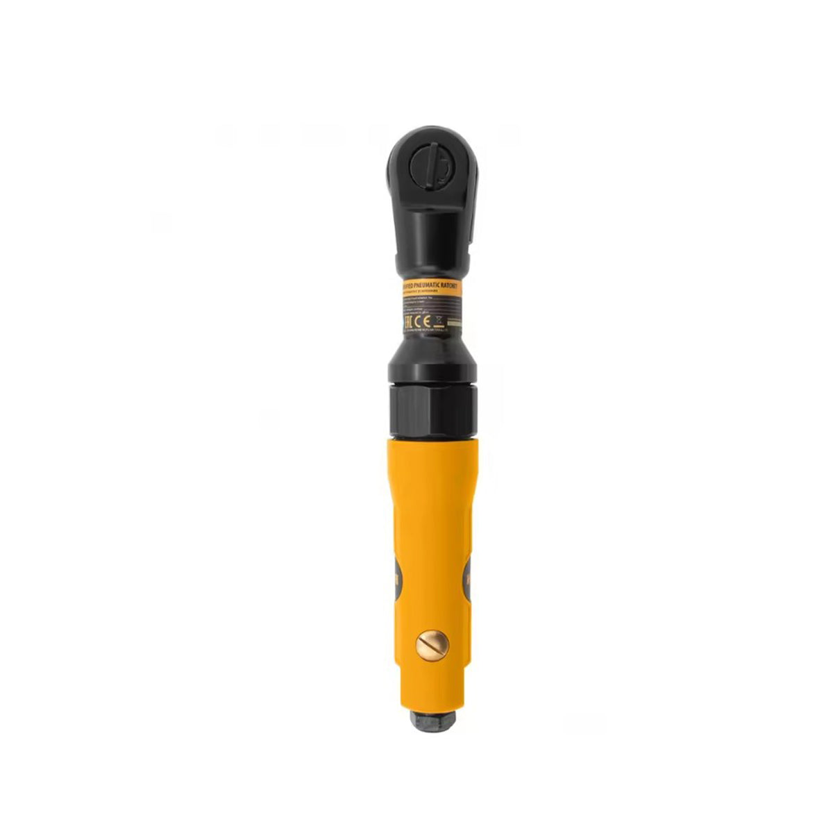 Yellow and black ratchet wrench on a white background