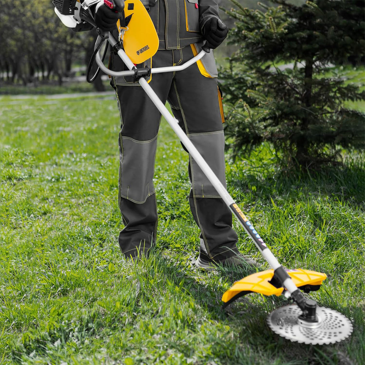 Person using a yellow and black grass trimmer in a grassy area