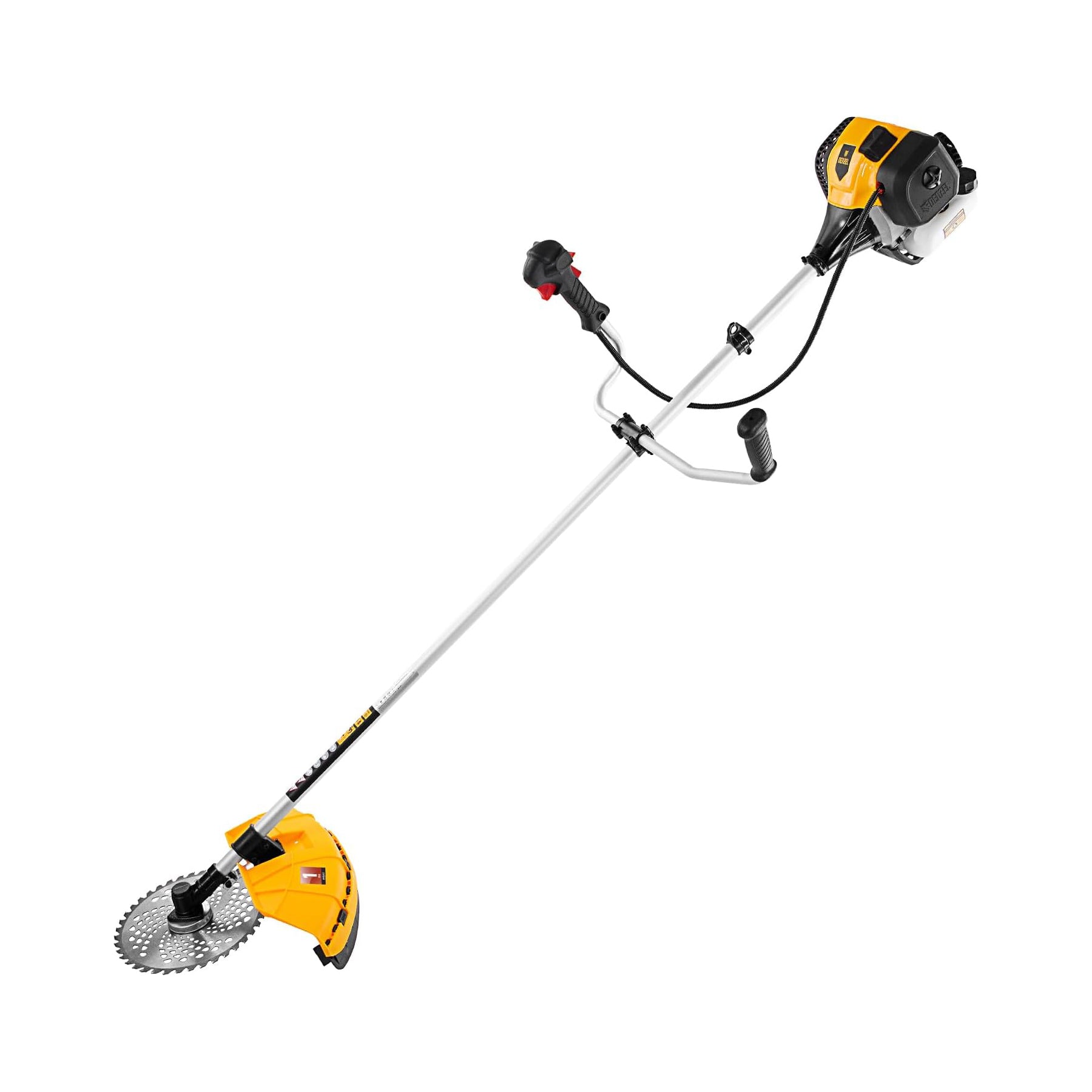 Yellow and black string trimmer on a white background