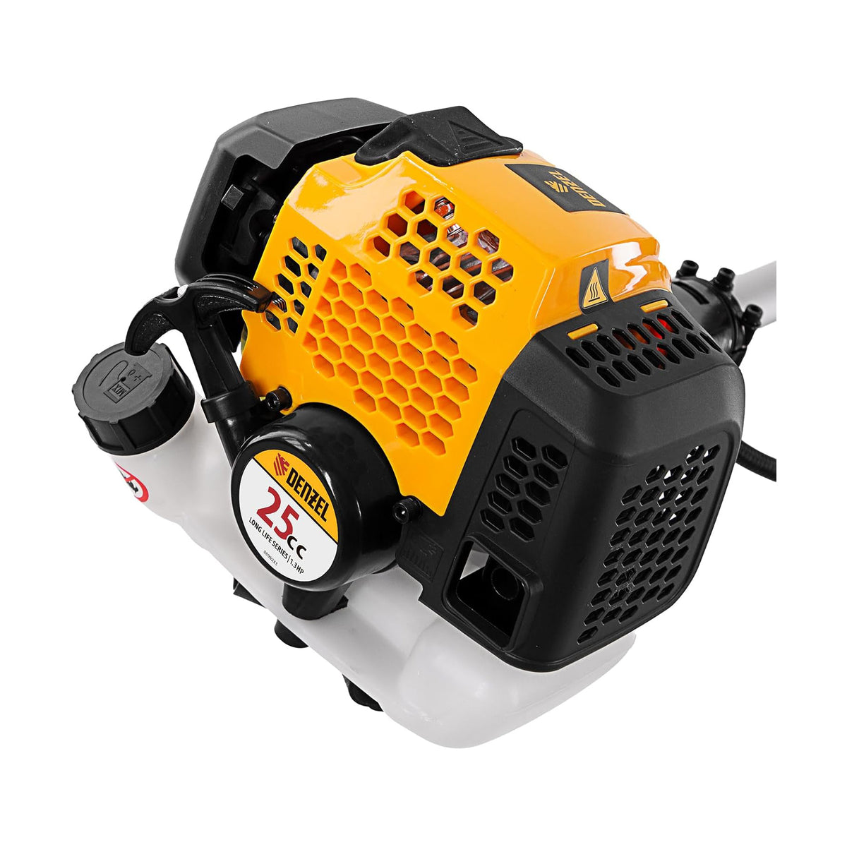 Fuel-efficient engine with yellow and black design on a white background