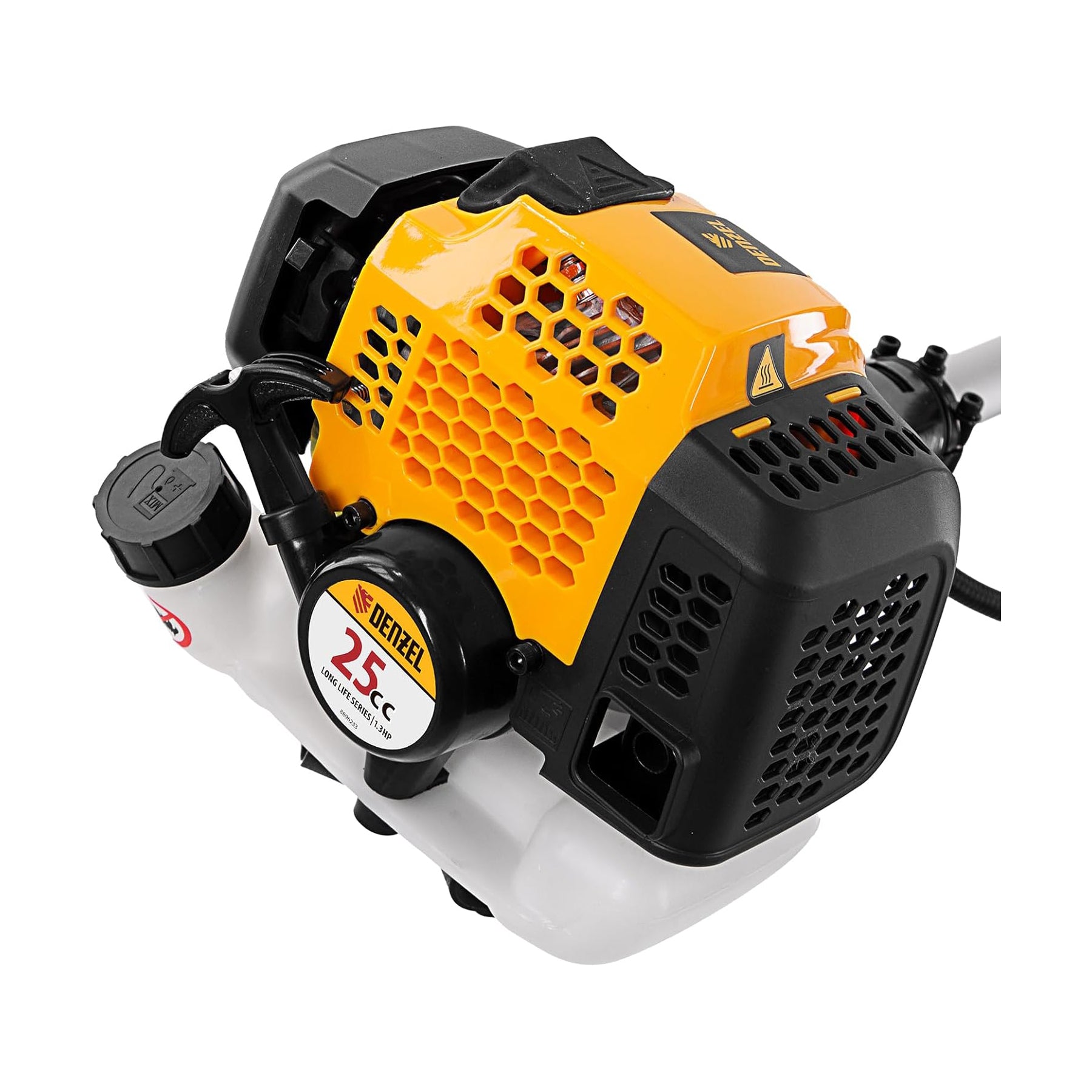 Fuel-efficient engine with yellow and black design on a white background