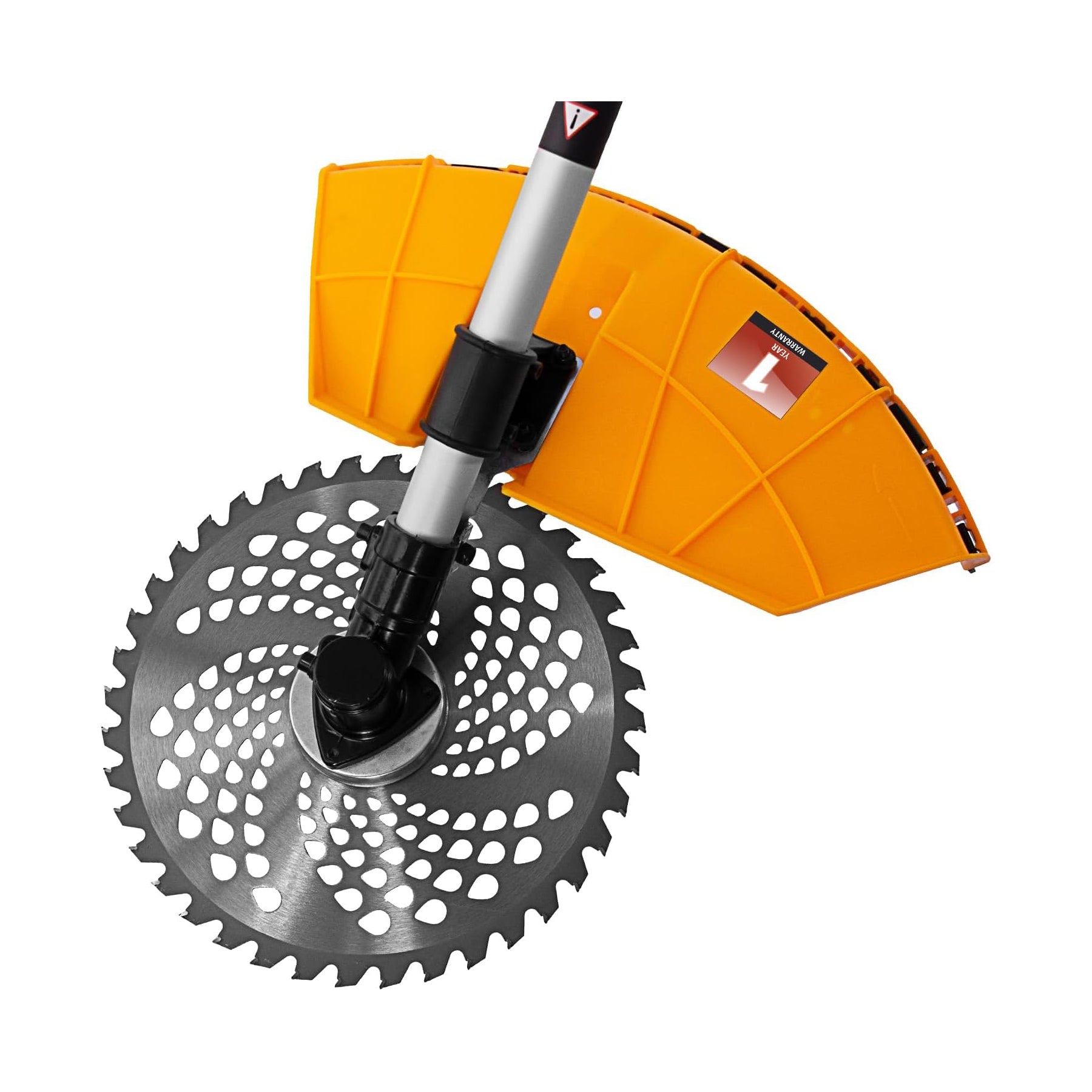 Orange and black gardening tool with a circular blade on a white background