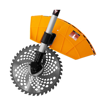 Orange and black gardening tool with a circular blade on a white background