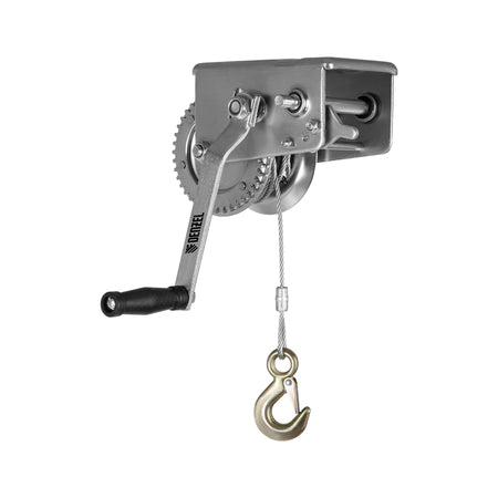 Metallic pulley system with a hook on a white background