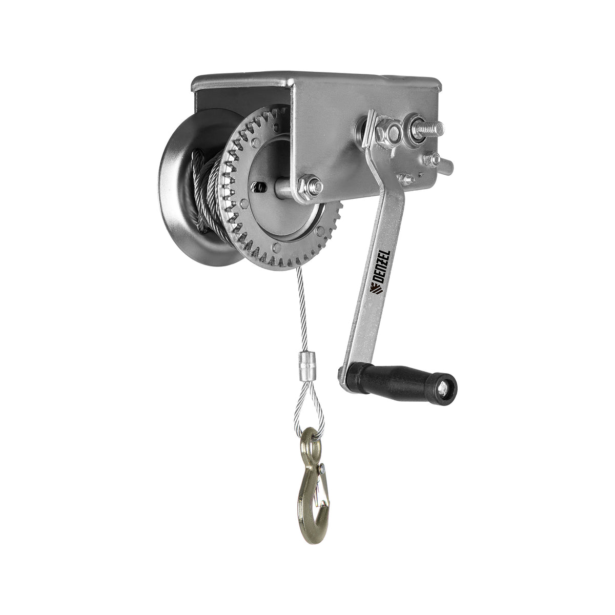 Metal winch with pulley system on a white background