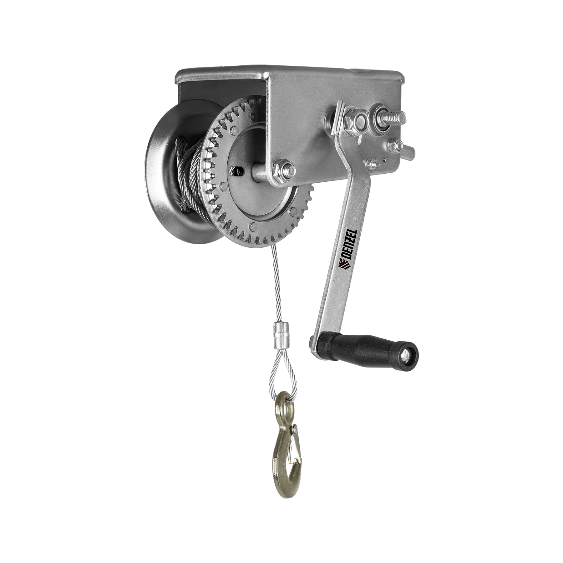 Metal winch with pulley system on a white background