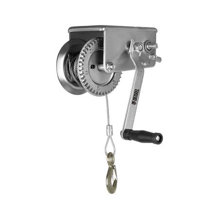 Metal winch with pulley system on a white background