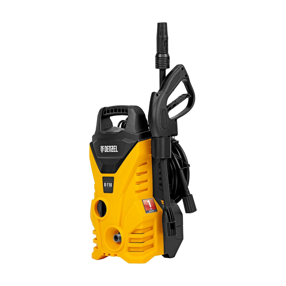 Yellow and black pressure washer with nozzle on a white background