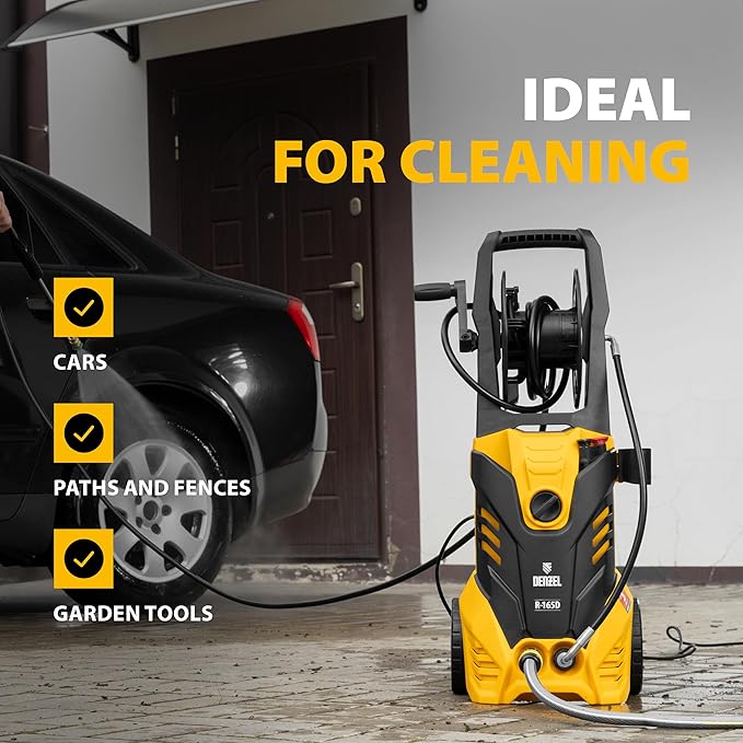 Yellow and black pressure washer with text indicating its use for cleaning cars, paths, fences, and garden tools.
