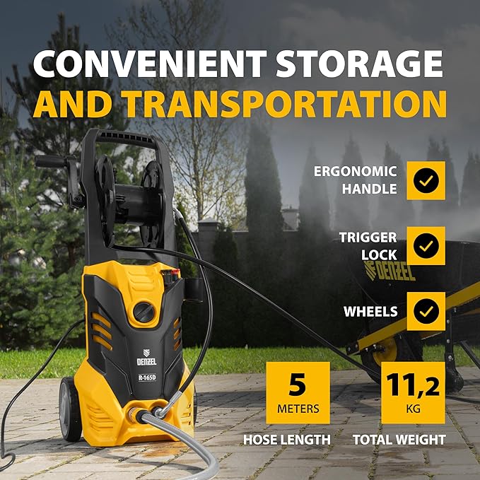 Yellow and black pressure washer with features highlighted on a blurred outdoor background