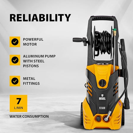Yellow and black pressure washer with features listed on a gray background