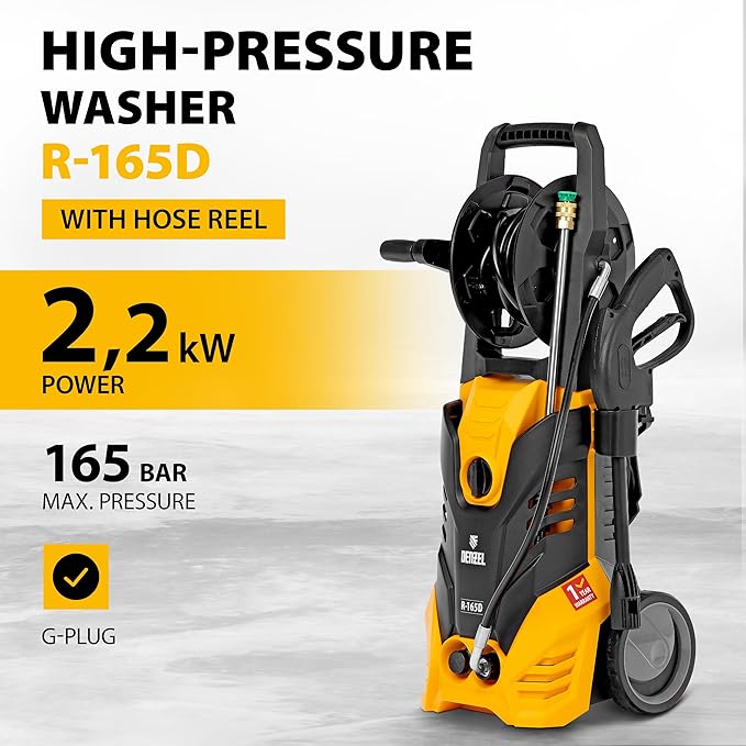 High-pressure washer with hose reel on a white background