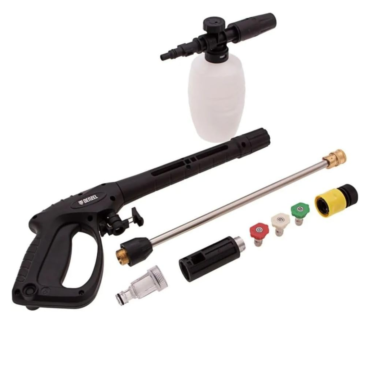 Pressure washer gun with various nozzles and attachments on a white background
