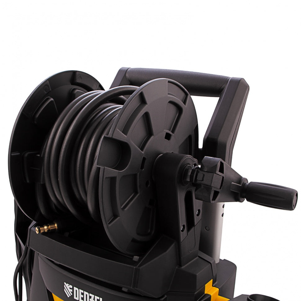 Black hose reel with Denzel branding on a white background