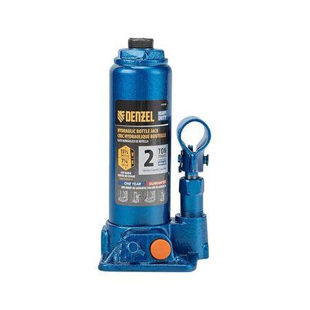 Blue Denzel hydraulic bottle jack on a white background