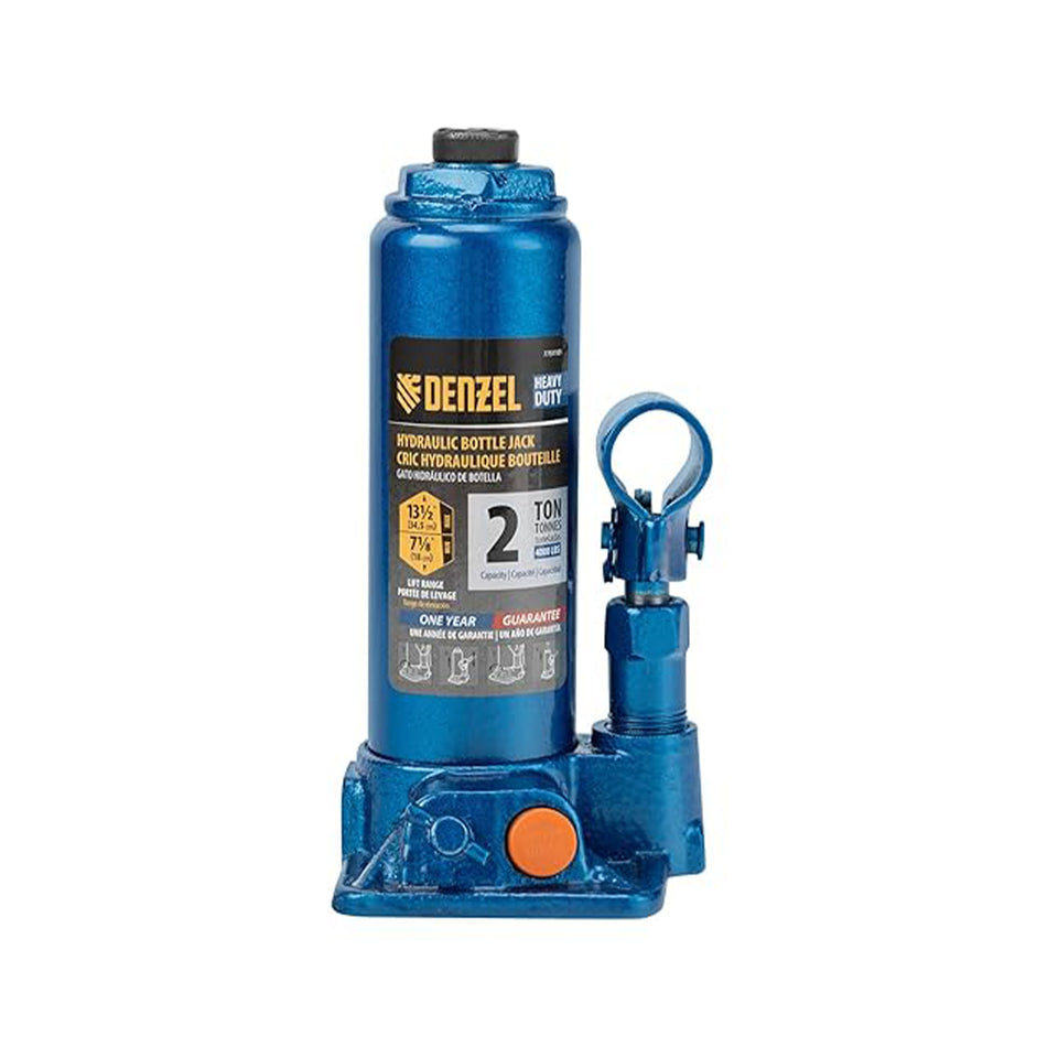 Blue Denzel hydraulic bottle jack on a white background