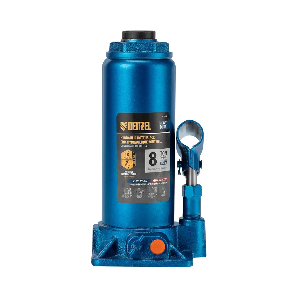 Blue Denzel hydraulic bottle jack with a wrench on a white background