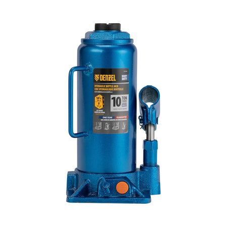 Blue Denzel bottle jack with handle and ratcheting lever on a white background