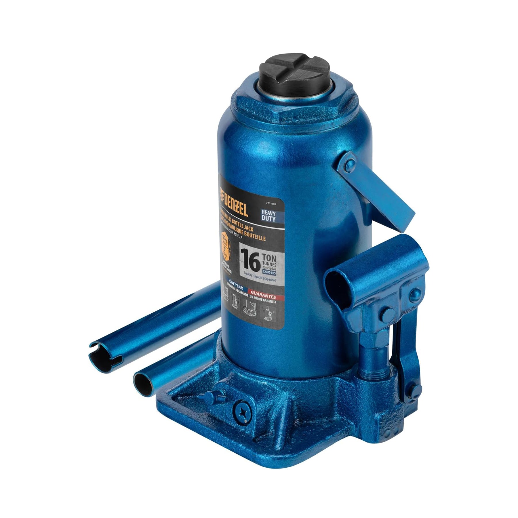 Blue hydraulic bottle jack on a white background