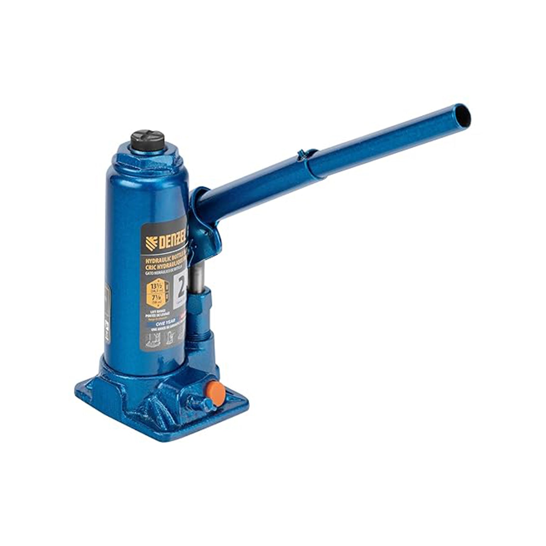 Blue hydraulic bottle jack with Detlev branding on a white background