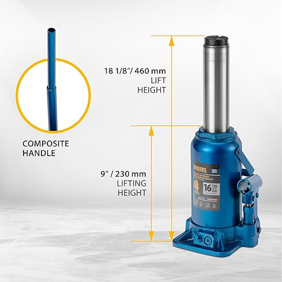 Blue hydraulic jack with measurements on a white background