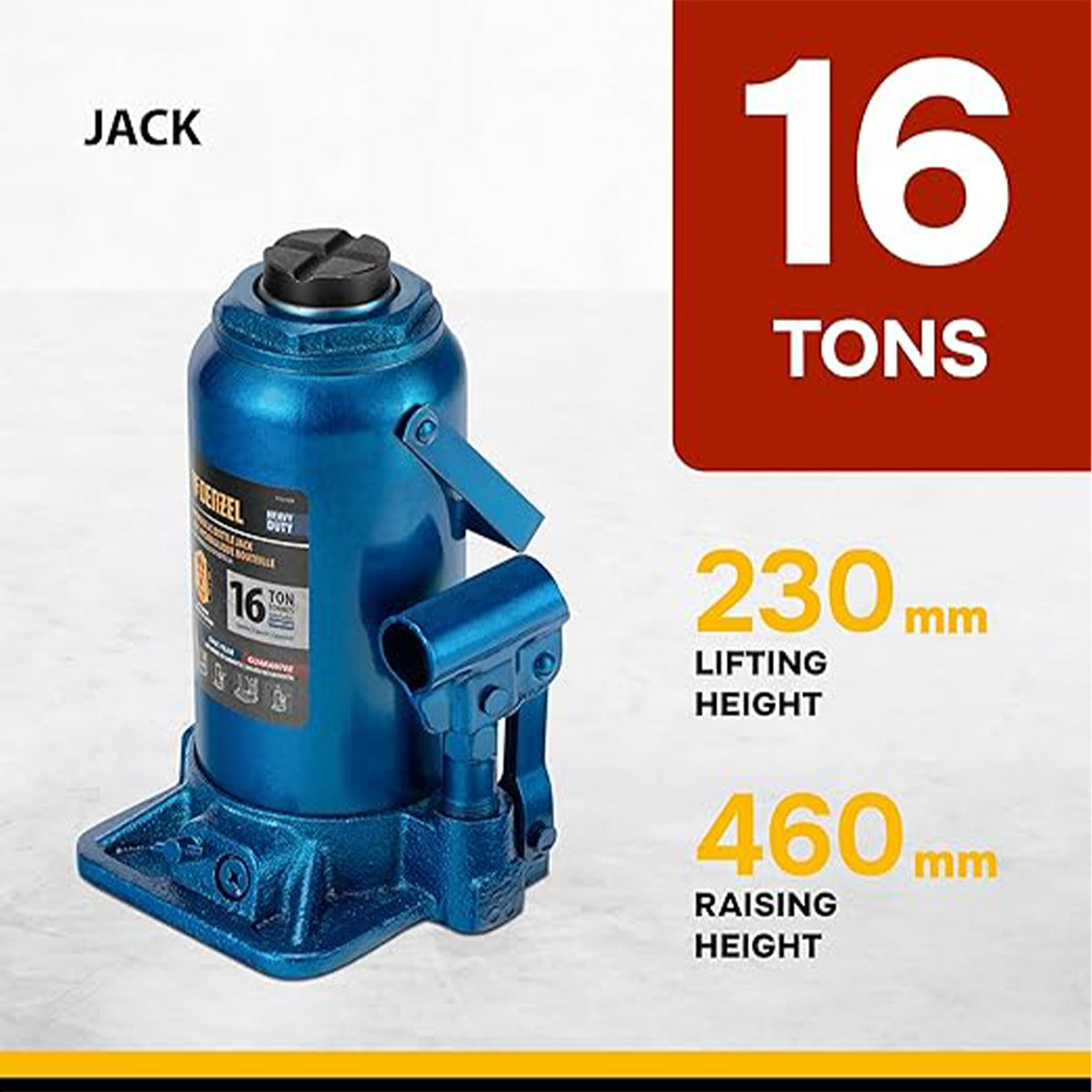 Blue hydraulic jack with specifications on a white background