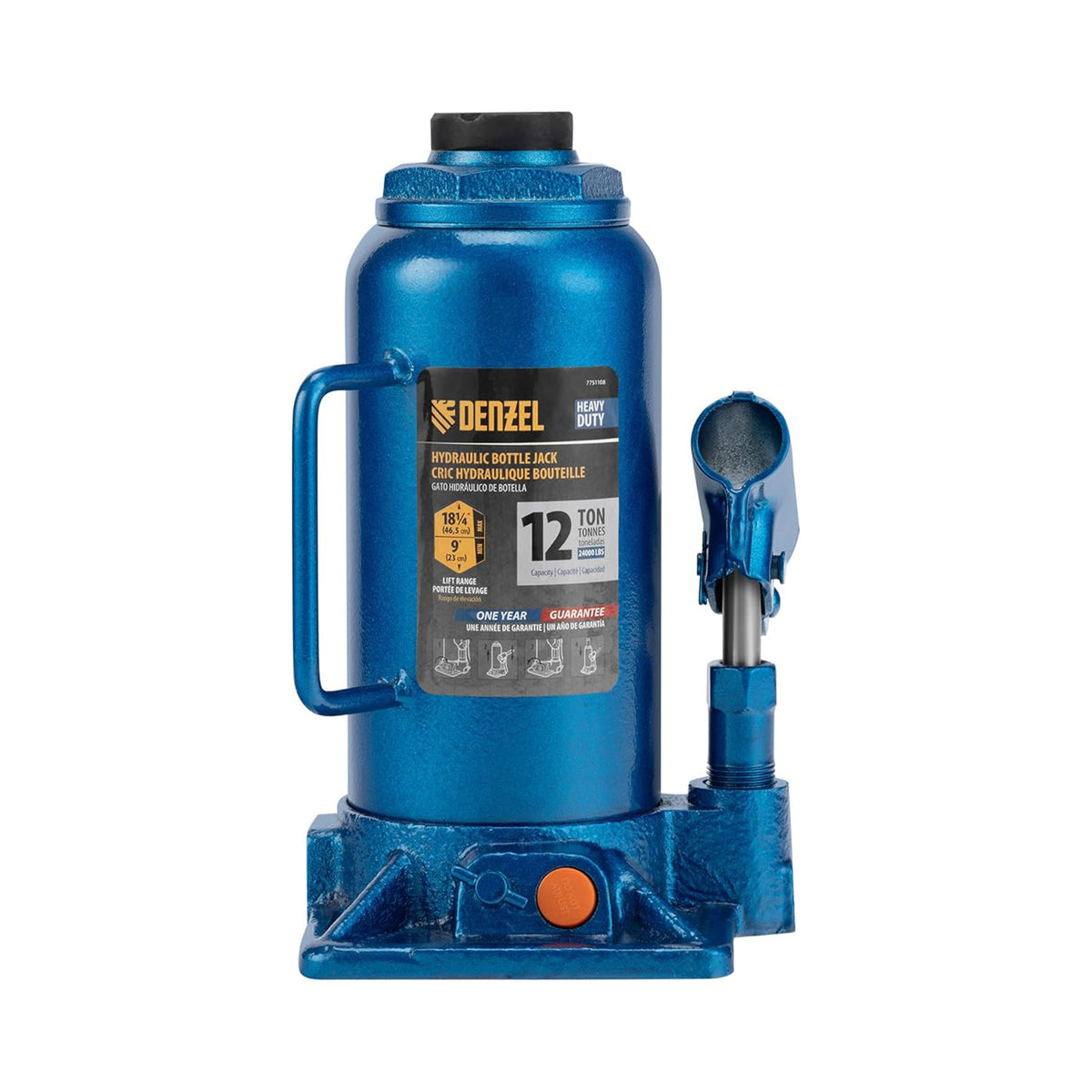 Blue Denzel hydraulic bottle jack on a white background