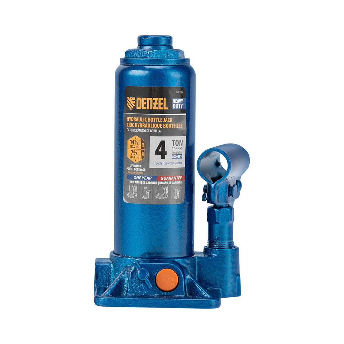 Blue Denzel hydraulic bottle jack on a white background