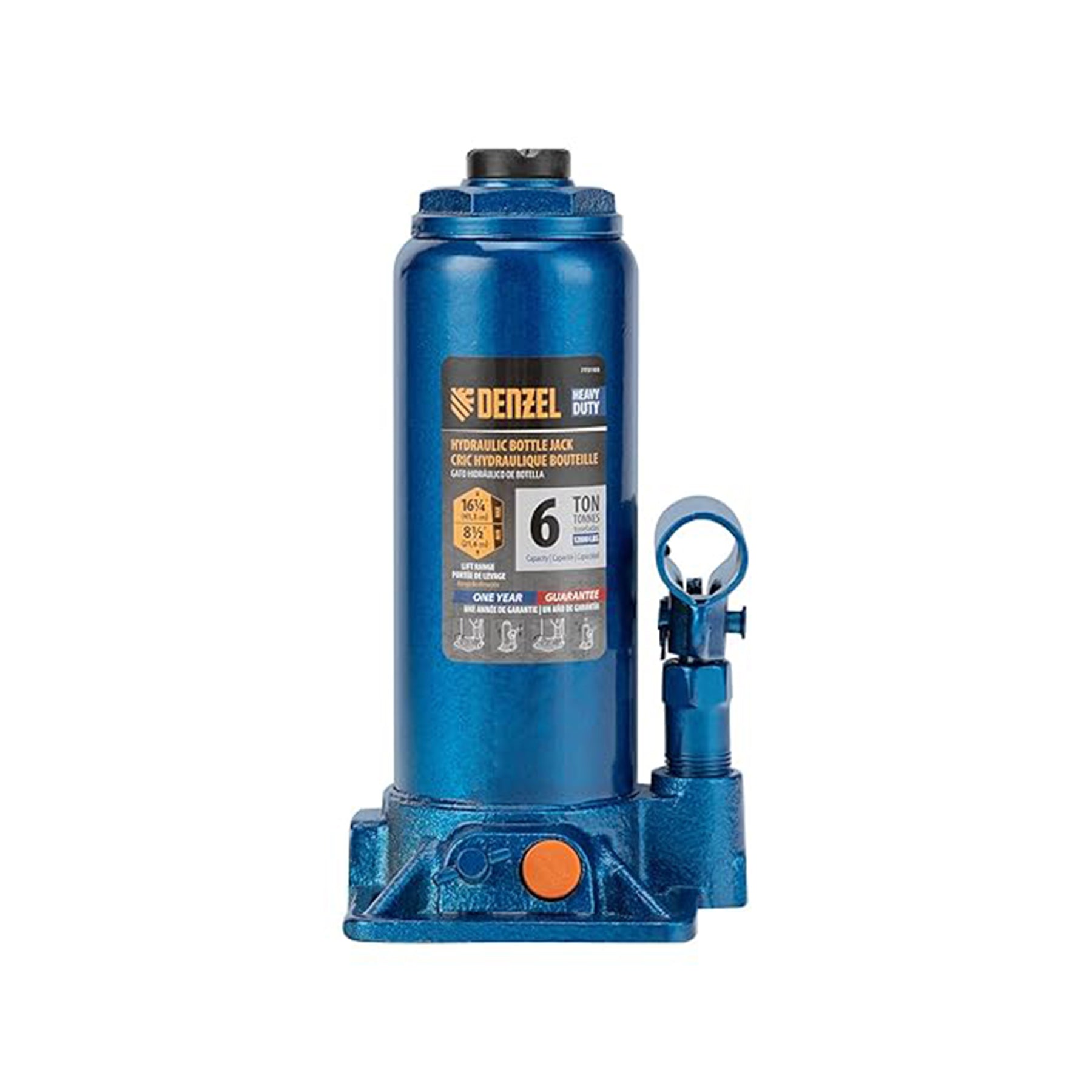Blue Denzel hydraulic bottle jack on a white background