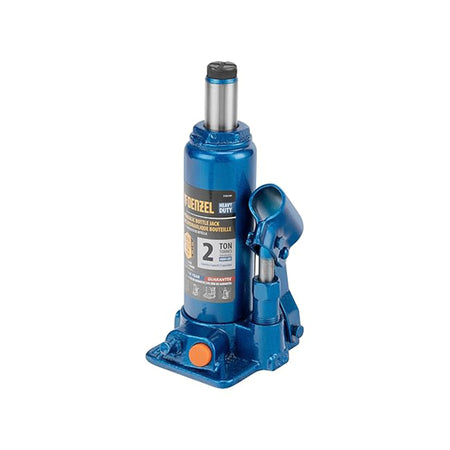 Blue hydraulic jack with visible brand name on a white background