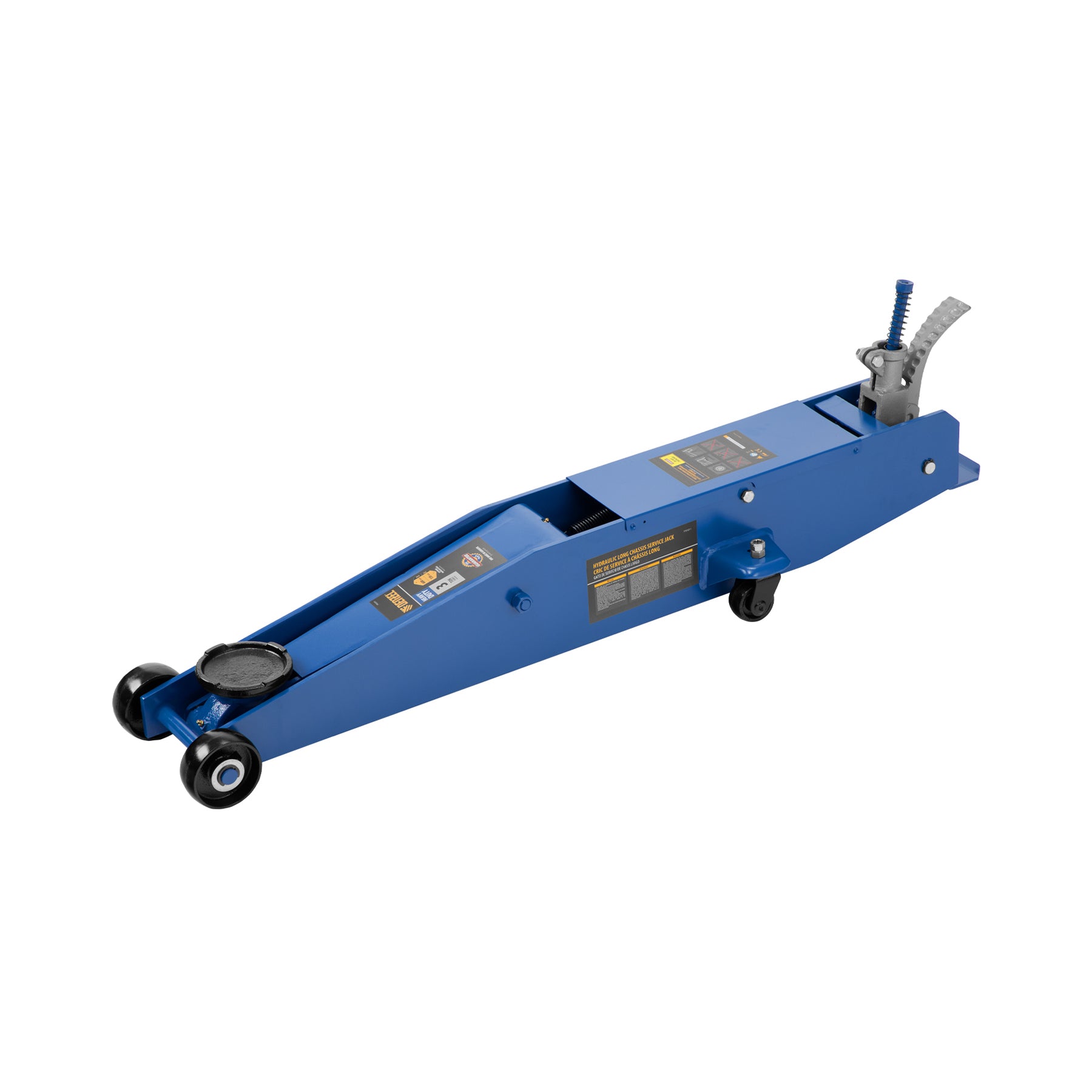 Blue hydraulic floor jack on a white background