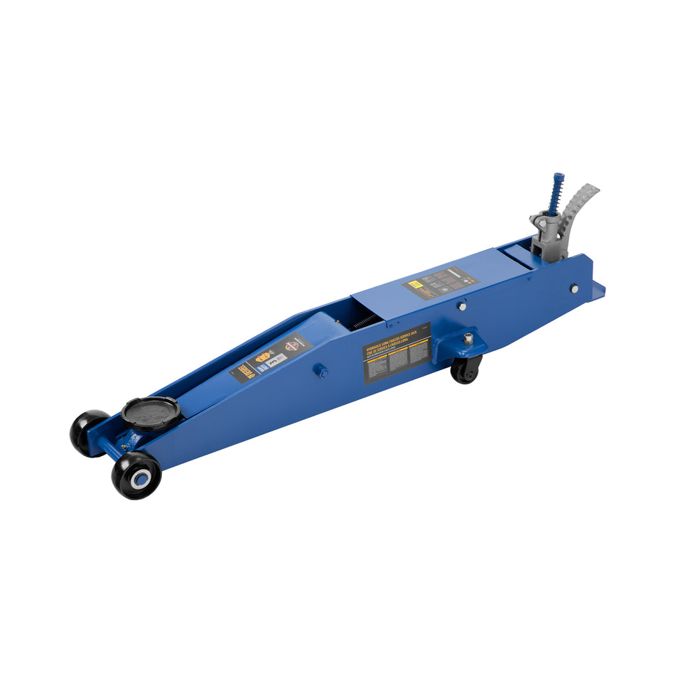 Blue hydraulic floor jack on a white background