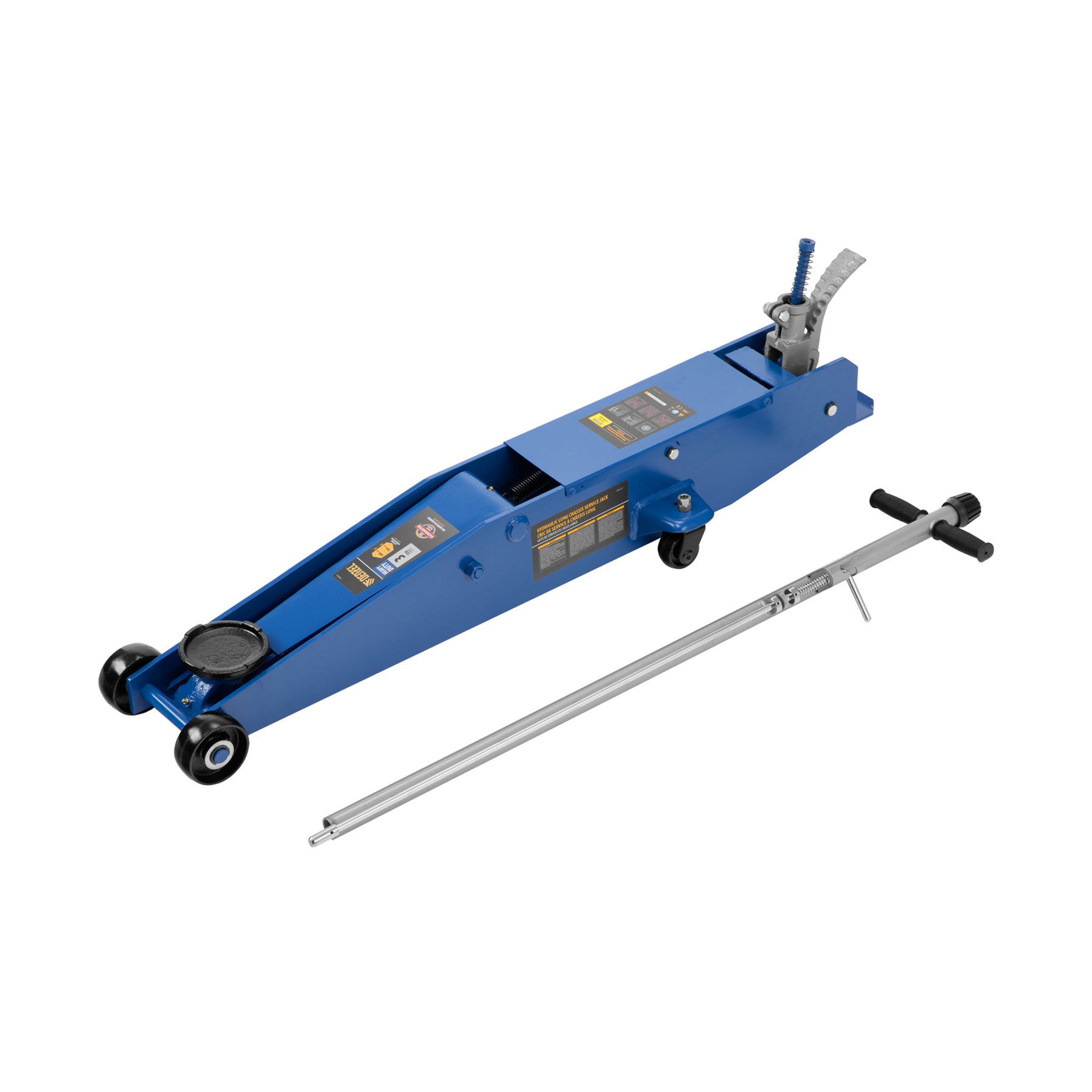 Blue floor jack with a lever on a white background