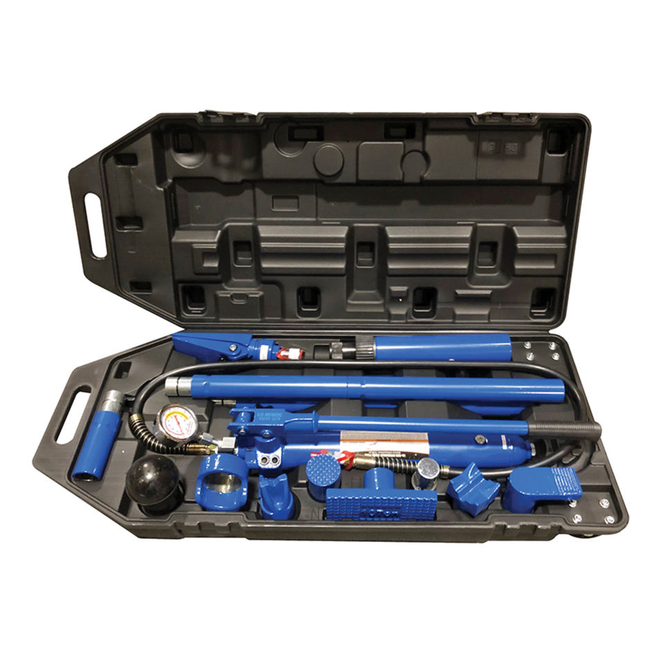 Blue hydraulic tool set in a black carrying case on a white background