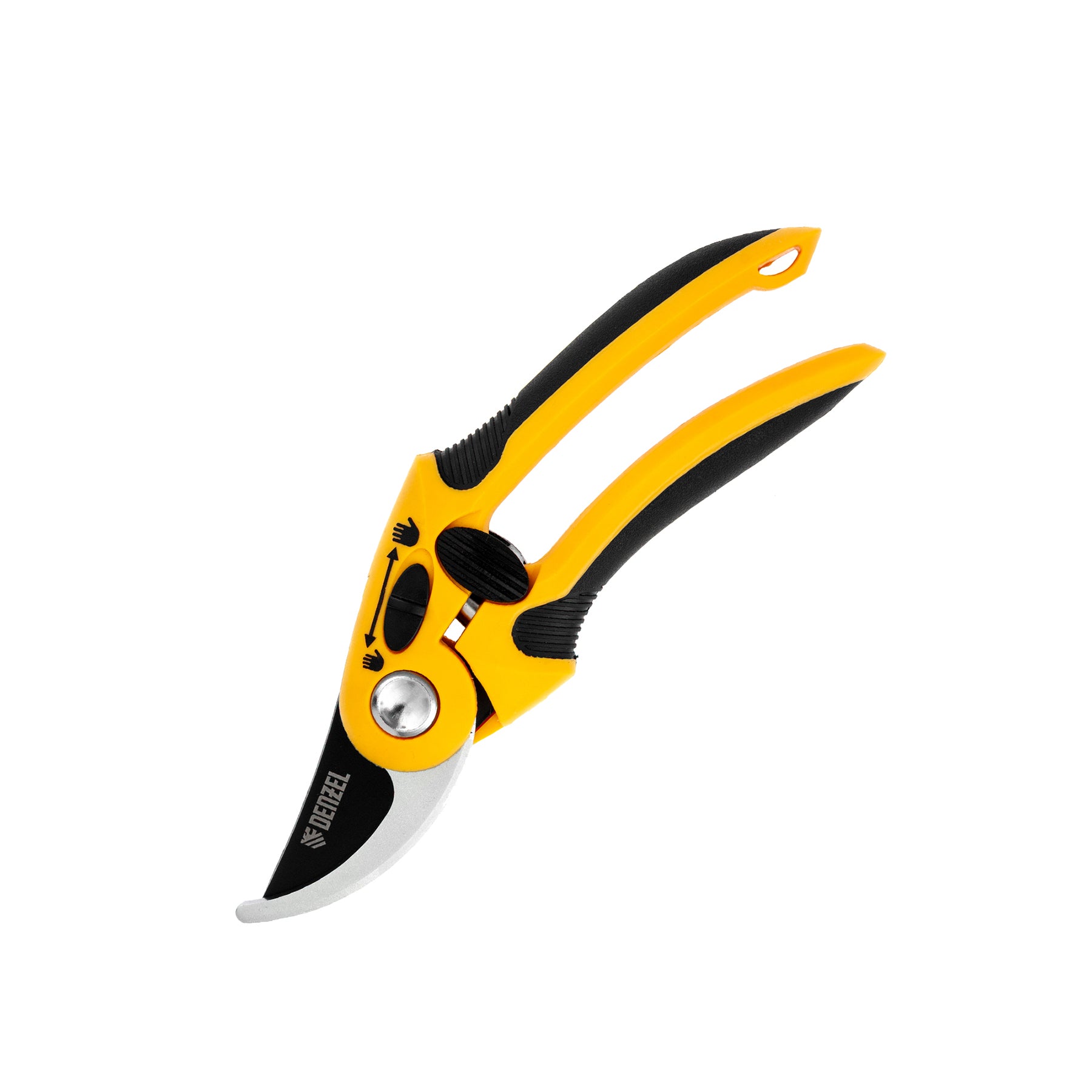 Gardening pruner with yellow and black handles on a white background